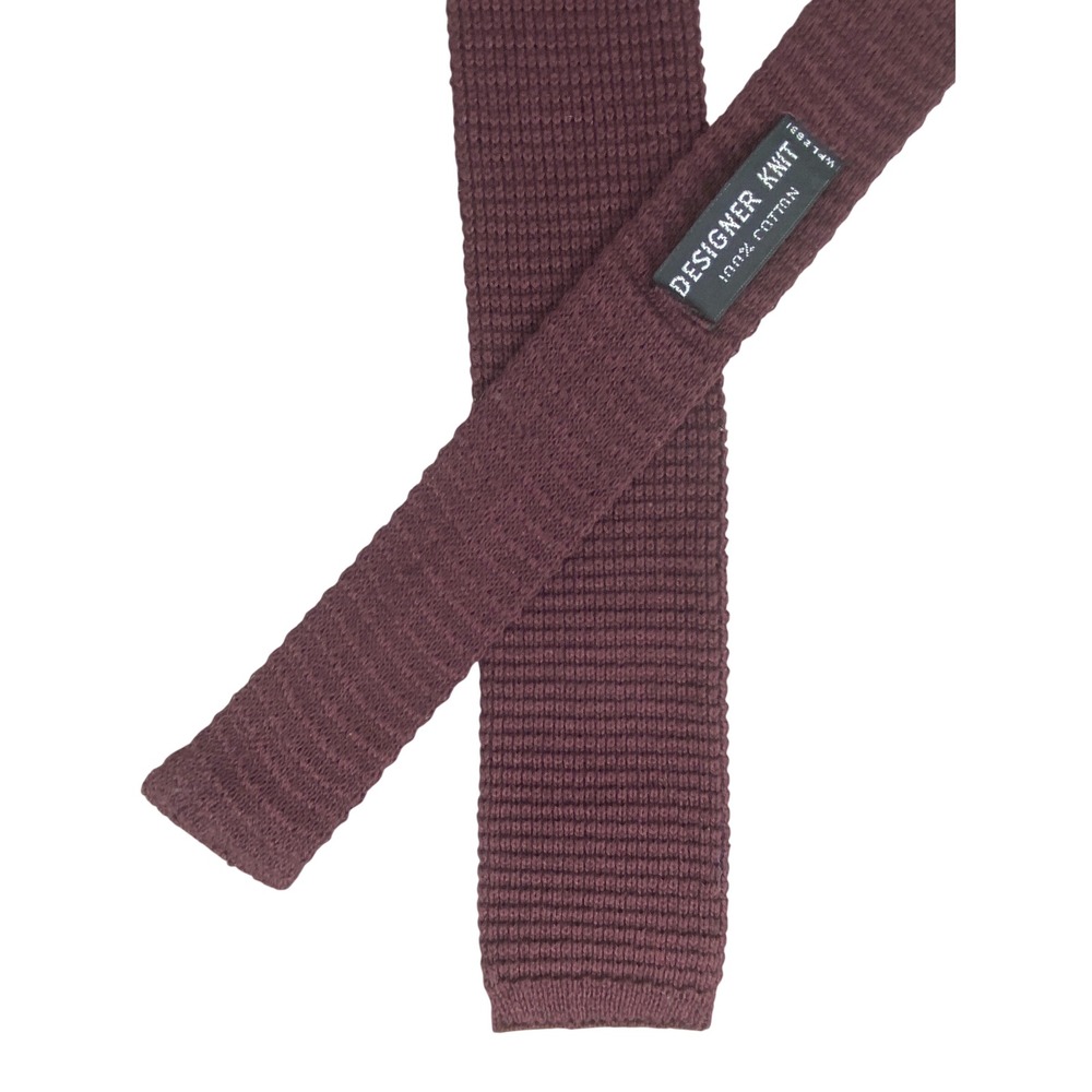 VTG Designer Knit Cotton Tie Mens Burgundy Maroon Square End Skinny 50.5x2